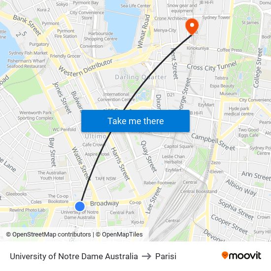 University of Notre Dame Australia to Parisi map