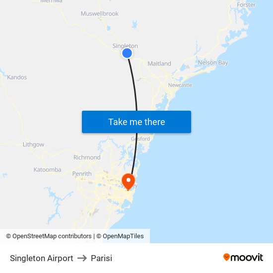 Singleton Airport to Parisi map