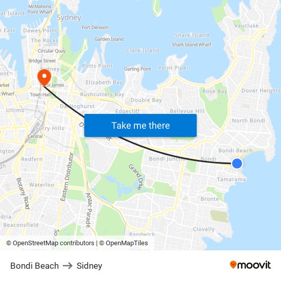 Bondi Beach to Sidney map
