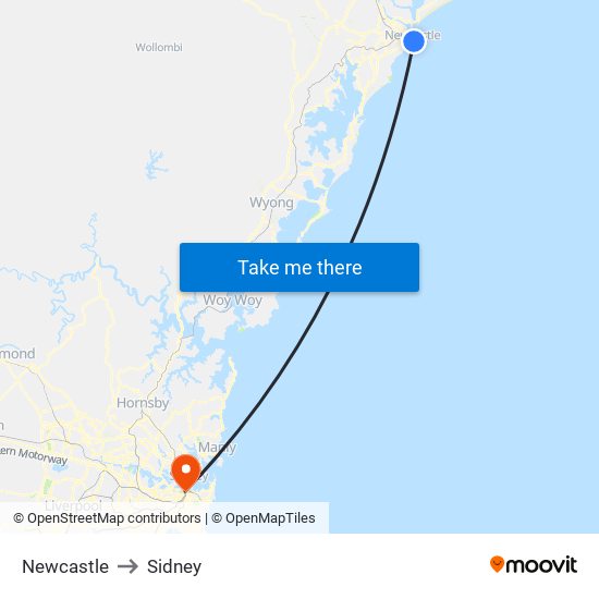 Newcastle to Sidney map