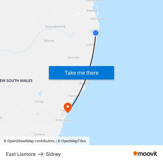 East Lismore to Sidney map