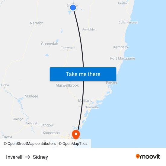 Inverell to Sidney map