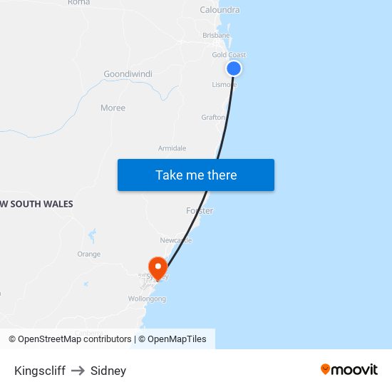 Kingscliff to Sidney map