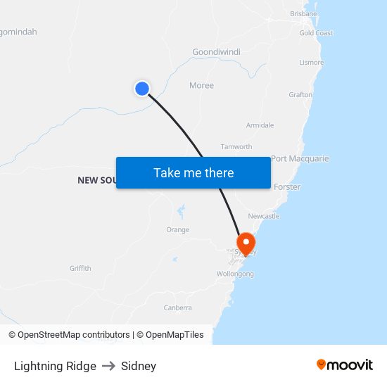 Lightning Ridge to Sidney map