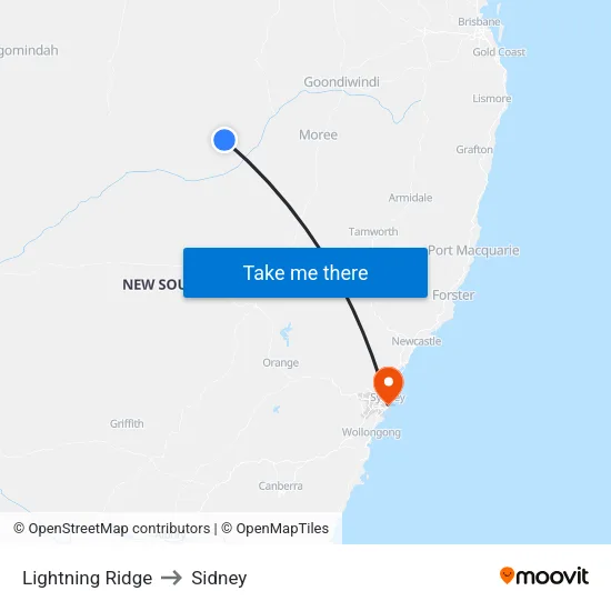 Lightning Ridge to Sidney map