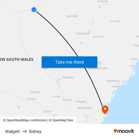 Walgett to Sidney map