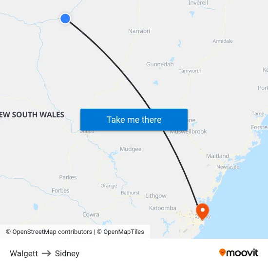 Walgett to Sidney map