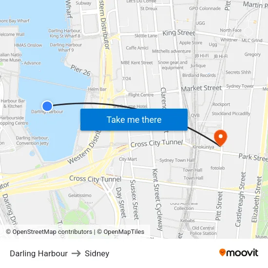Darling Harbour to Sidney map