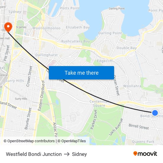 Westfield Bondi Junction to Sidney map