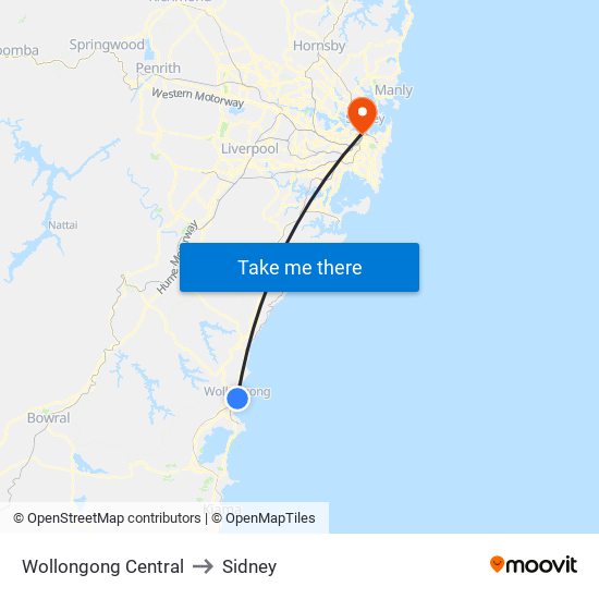 Wollongong Central to Sidney map