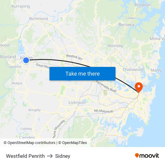 Westfield Penrith to Sidney map