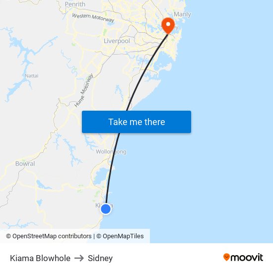 Kiama Blowhole to Sidney map