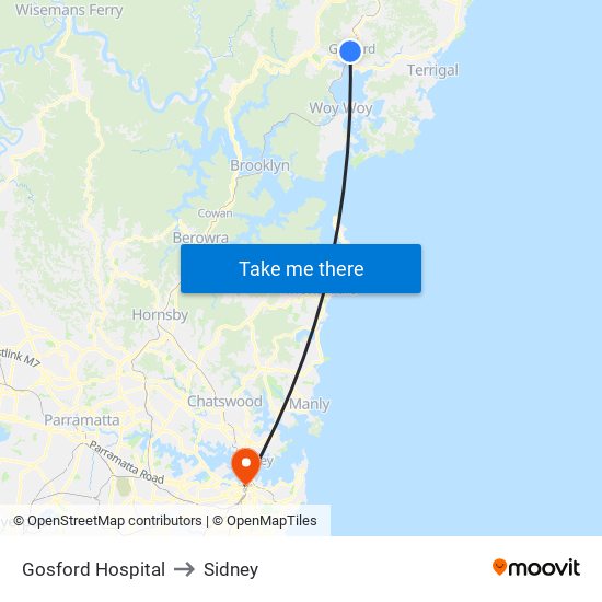 Gosford Hospital to Sidney map