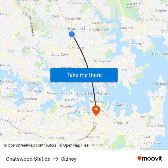 Chatswood Station to Sidney map