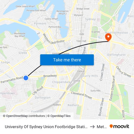 University Of Sydney Union Footbridge Station to Metro map