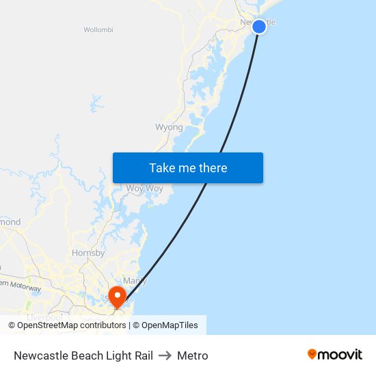 Newcastle Beach Light Rail to Metro map