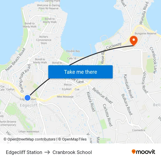 Edgecliff Station to Cranbrook School map