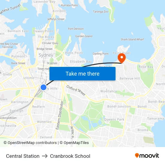 Central Station to Cranbrook School map