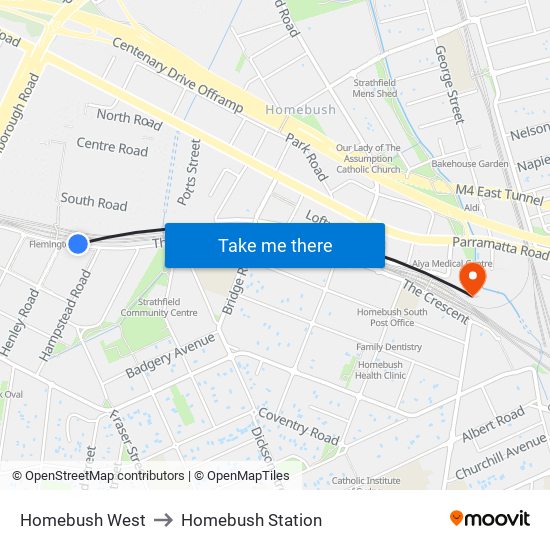 Homebush West to Homebush Station map