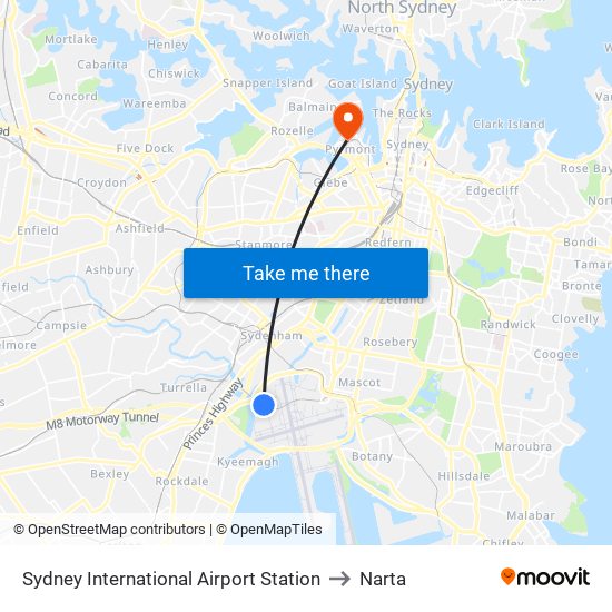 Sydney International Airport Station to Narta map