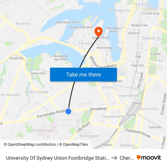 University Of Sydney Union Footbridge Station to Cherry map