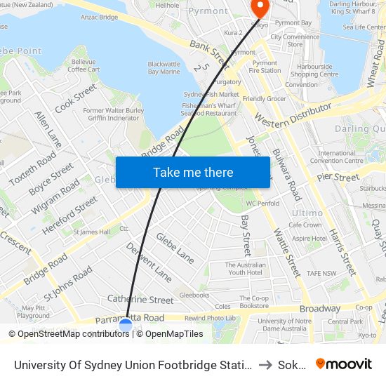 University Of Sydney Union Footbridge Station to Sokyo map