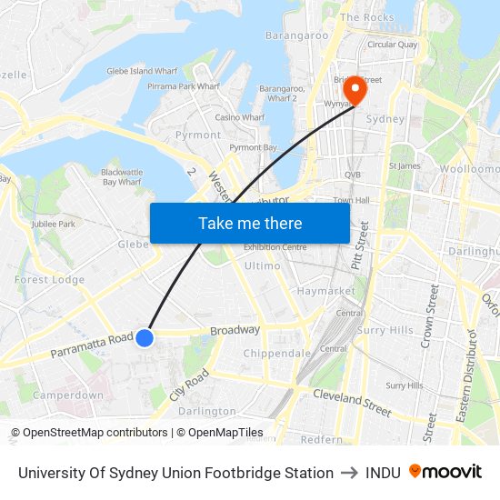 University Of Sydney Union Footbridge Station to INDU map