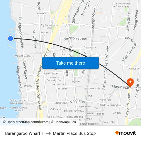 Barangaroo Wharf 1 to Martin Place Bus Stop map