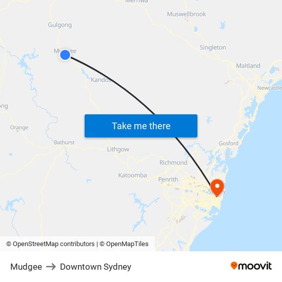 Mudgee to Downtown Sydney map