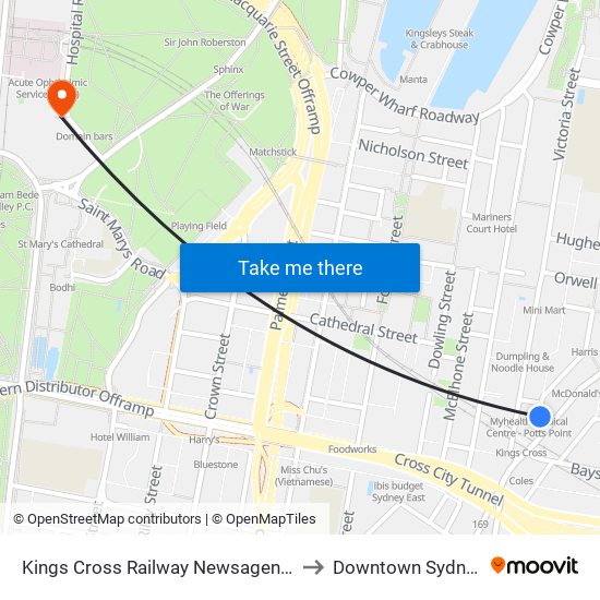 Kings Cross Railway Newsagency to Downtown Sydney map