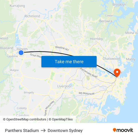Panthers Stadium to Downtown Sydney map