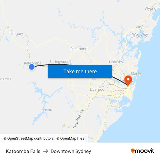 Katoomba Falls to Downtown Sydney map