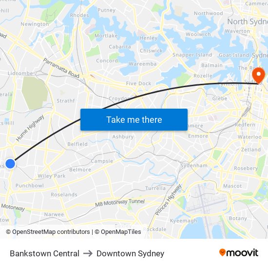 Bankstown Central to Downtown Sydney map