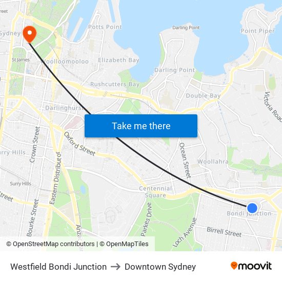 Westfield Bondi Junction to Downtown Sydney map