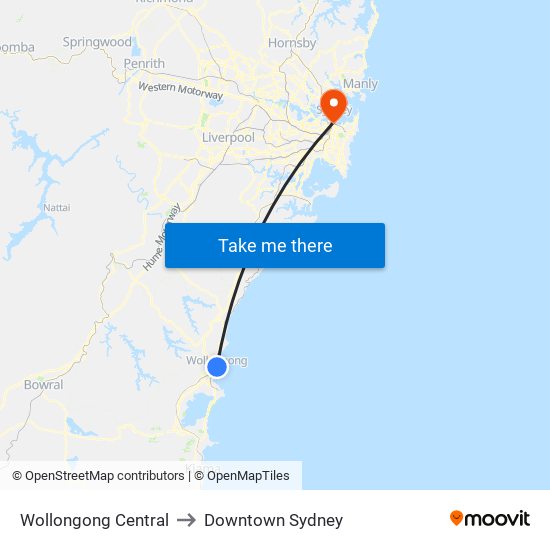 Wollongong Central to Downtown Sydney map