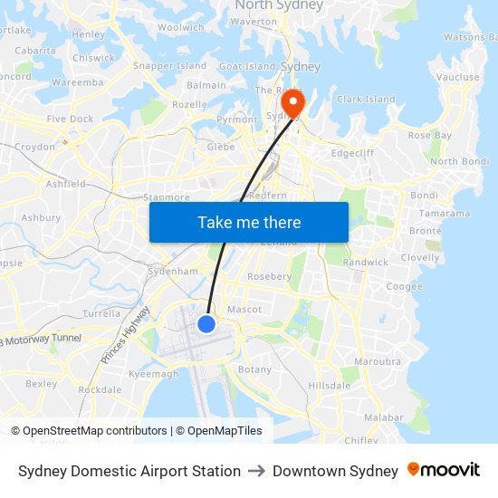 Sydney Domestic Airport Station to Downtown Sydney map