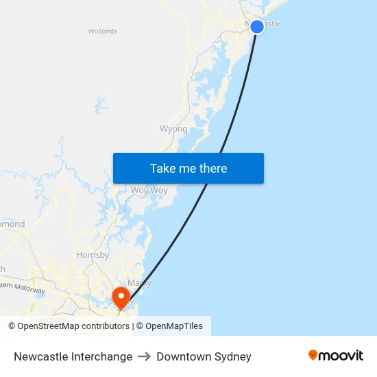 Newcastle Interchange to Downtown Sydney map