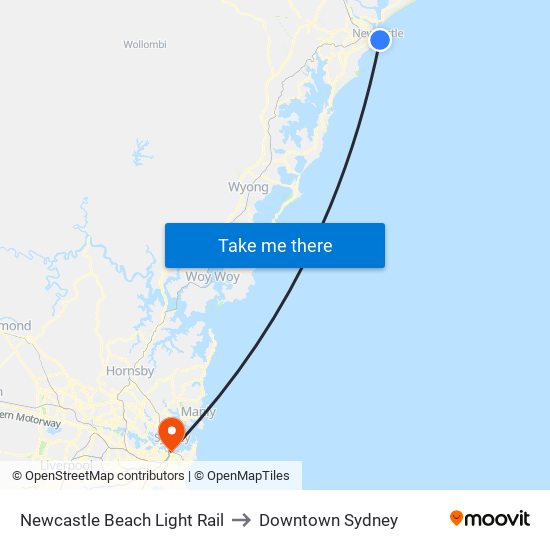 Newcastle Beach Light Rail to Downtown Sydney map