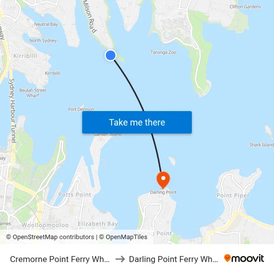Cremorne Point Ferry Wharf to Darling Point Ferry Wharf map