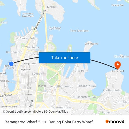 Barangaroo Wharf 2 to Darling Point Ferry Wharf map