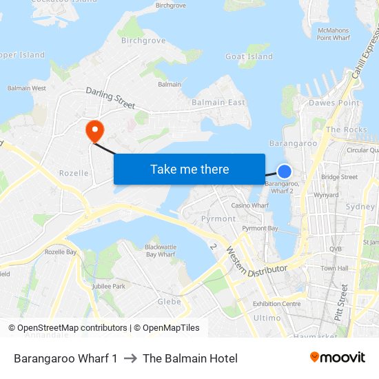 Barangaroo Wharf 1 to The Balmain Hotel map