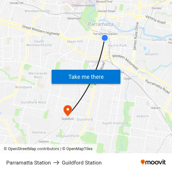 Parramatta Station to Guildford Station map
