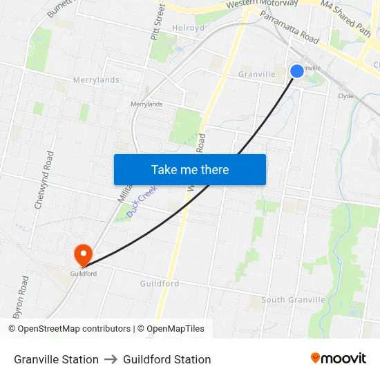 Granville Station to Guildford Station map