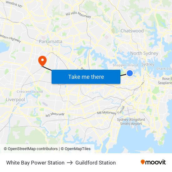 White Bay Power Station to Guildford Station map