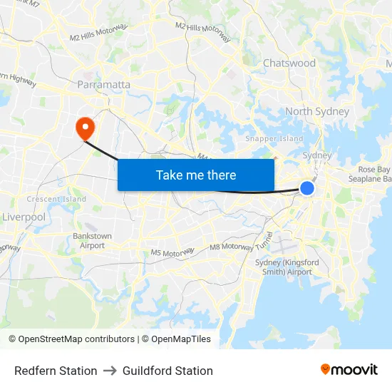 Redfern Station to Guildford Station map
