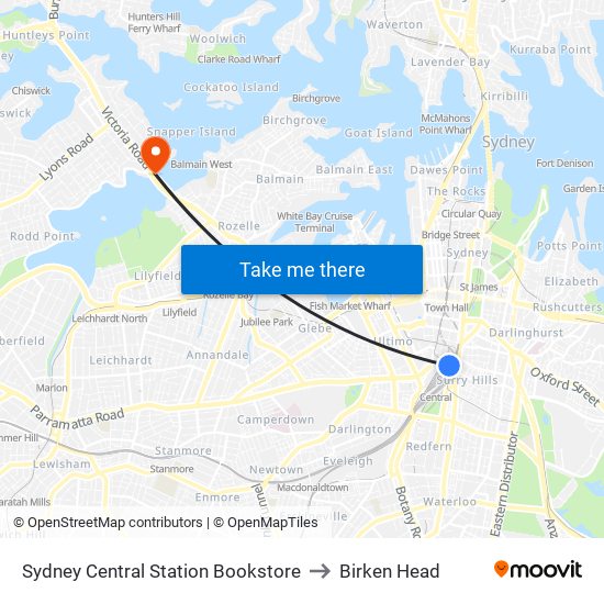 Sydney Central Station Bookstore to Birken Head map