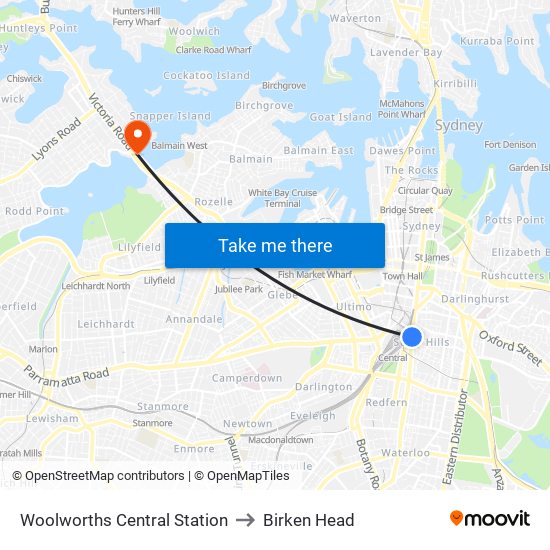 Woolworths Central Station to Birken Head map