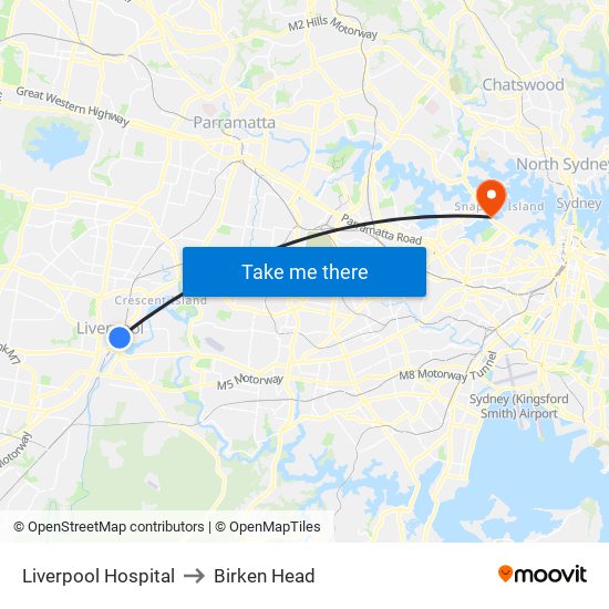 Liverpool Hospital to Birken Head map