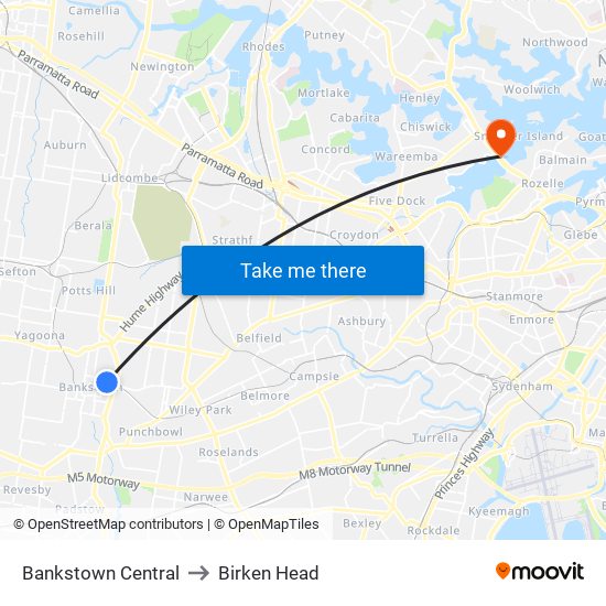 Bankstown Central to Birken Head map