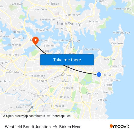 Westfield Bondi Junction to Birken Head map